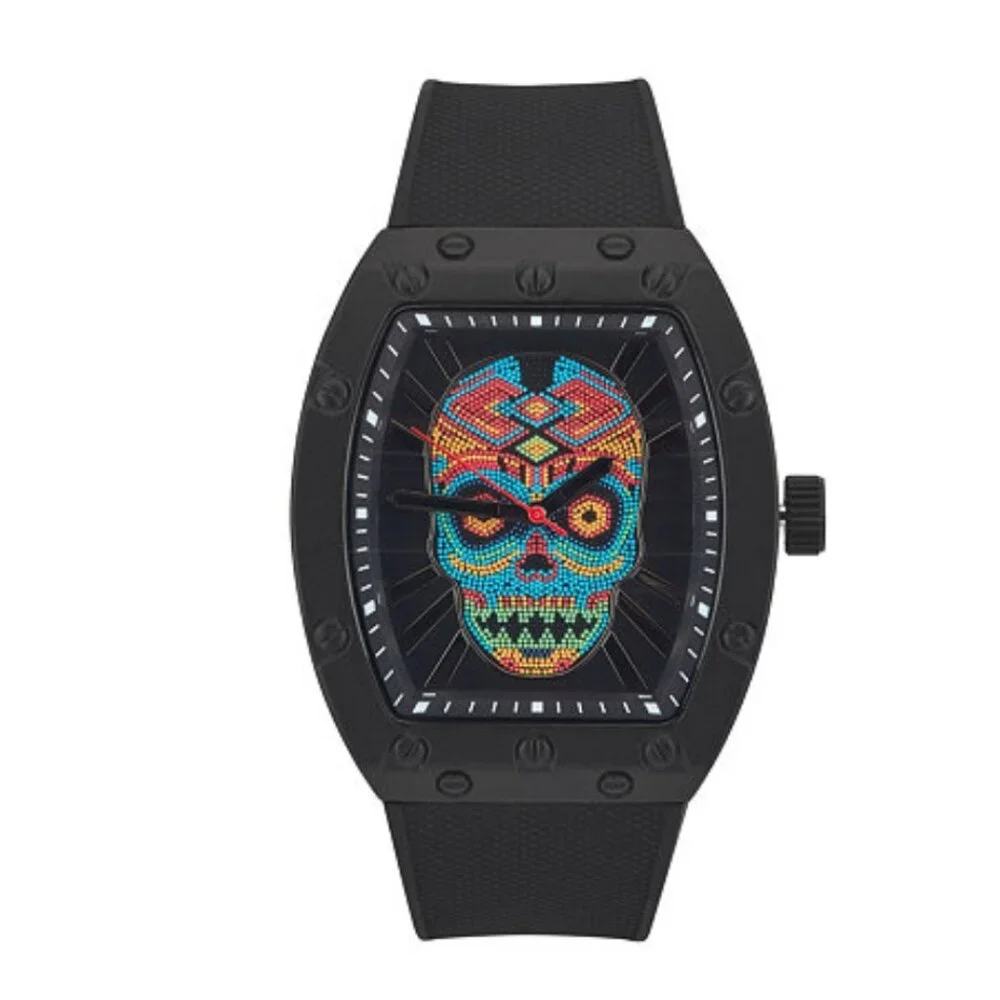 NEW Matte Black Silicone Strap Multicolor Skull Ed Hardy Watch